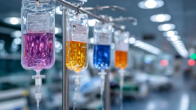 Close-up of colorful IV bags hanging in a hospital, liquids in purple, orange, and blue, clear tubing connecting to patients, soft clinical lighting reflecting off the bags, medica