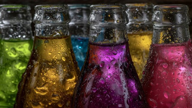 Close-up of colorful soft drink bottles lined up in a row, each bottle featuring a different vibrant color, glossy glass surfaces reflecting light, condensation droplets visible, f