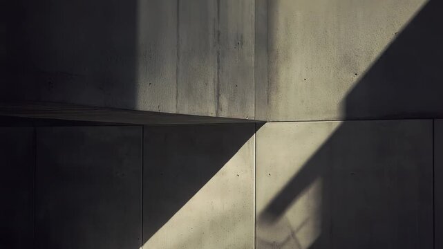 Concrete walls and ceiling create a minimalist architectural composition as strong diagonal sunlight casts sharp geometric shadows and deep texture across the grey surfaces. Evoking contrast and mood