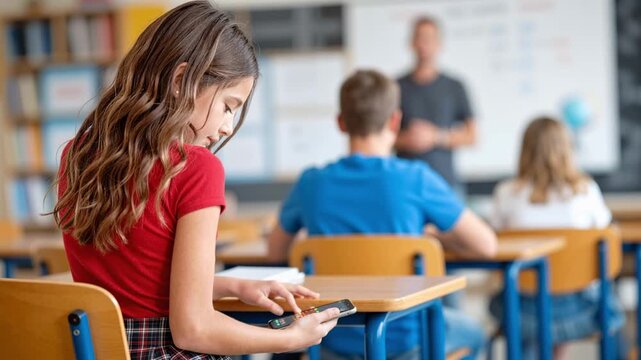 young schoolgirl secretly using a smartphone during a classroom lesson, showing distraction, digital habits, social networks and potential school issues