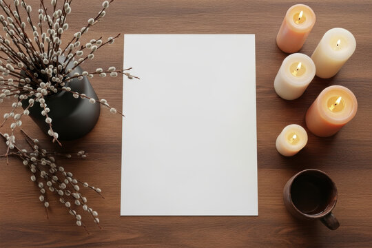 Blank paper mockup with pussy willow branches, burning candles and coffee on wooden table, spring hygge flat lay template