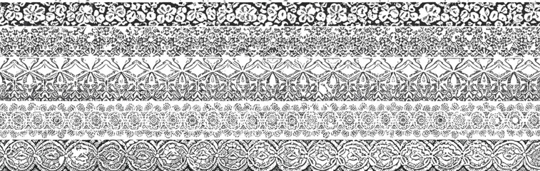 Vector illustration of horizontal decorative borders featuring floral motifs, geometric shapes, and symmetrical patterns in black and white