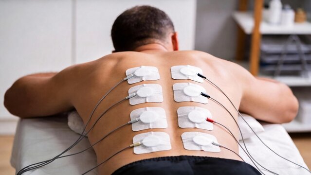 Electrotherapy treatment on male back for muscle recovery and pain relief
