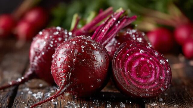 Close-up of fresh red beets with earthy roots and one sliced to reveal vibrant inner rings, water droplets on smooth surfaces, warm natural lighting, surrounded by other colorful v