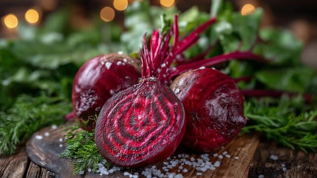 Close-up of freshly harvested red beets with roots and sliced beet, surrounded by leafy greens and herbs, subtle soil particles on skin, sunlight highlighting deep red tones, healt