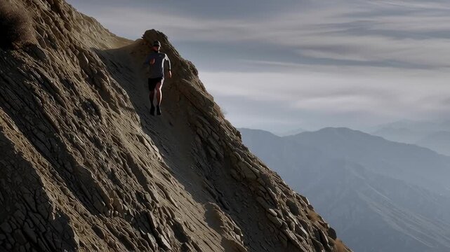 A determined runner ascends a steep mountain trail, embracing the thrill of nature. The stunning landscape unfolds as clouds dance above, creating a majestic backdrop for this journey