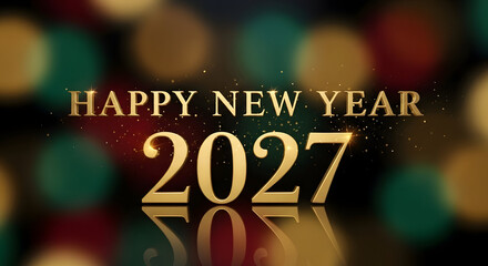 Happy New Year 2027 Golden Text on Elegant Dark Bokeh Background with Glitter