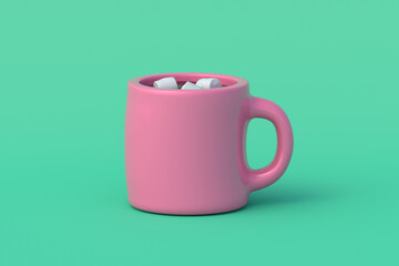Hot chocolate cup with marshmallows on green background. Sweet drink. Front view. 3d render