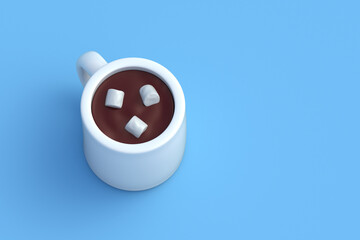 Single cocoa cup with marshmallow on blue background. Sweet drink. Copy space. Top view. 3d render