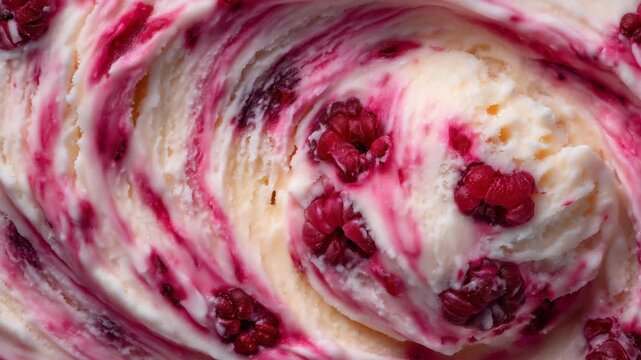 Close-up of pink and white creamy ice cream, swirled texture with visible raspberry pieces, soft glistening highlights, spoonful lifted slightly, realistic mixed fruit dessert with