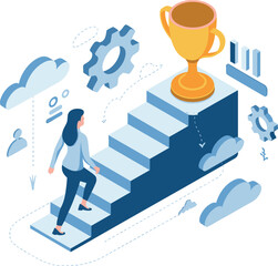 Business Success Concept Woman Climbing Stairs Toward Trophy Achievement Flat Vector Illustration