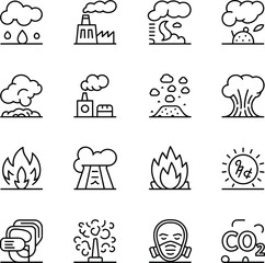 Environmental Disaster And Air Pollution Icons Set Climate Hazard Line Vector Illustration