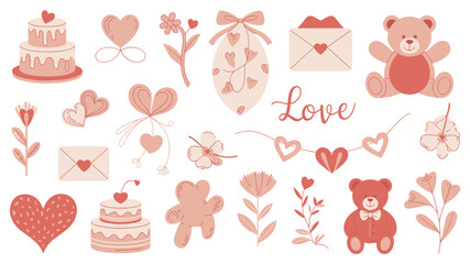 Valentine Love Icons Collection With Hearts Cakes Flowers And Teddy Bears Vector Illustration