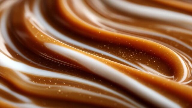 Close-up of smooth caramel sauce flowing across the frame, ultra-glossy surface reflecting soft studio lights, elegant swirled patterns forming gentle curves, warm golden-brown ton