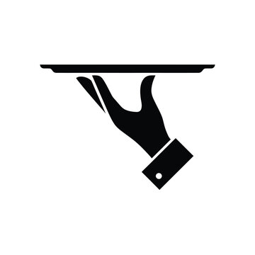 A black silhouette of a hand holding a rectangular serving tray