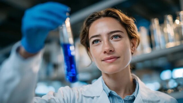 Close-up of test tube containing vibrant blue solution, held by a brown-haired woman in protective lab gear, soft reflections of laboratory lights on glassware, detailed scientific