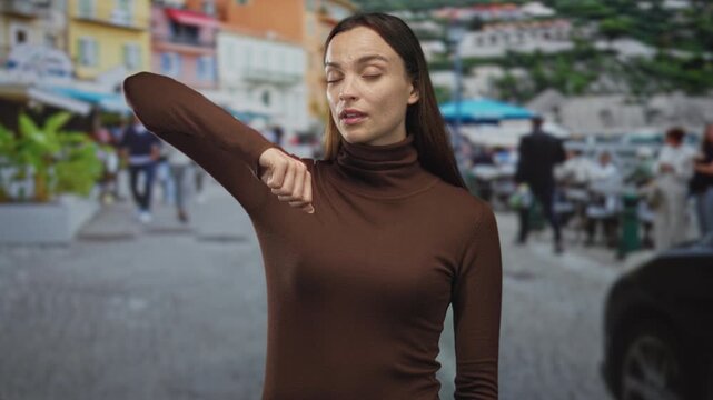 Young woman pinching nose and holding hand to nostrils on busy street market in brown turtleneck; disgust urban discomfort irritation.
