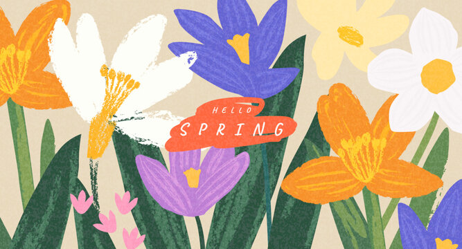 Spring cutest card or poster for the spring holiday with wildflowers, Narcissus flower, Crocus flowers. Hand drawn crayon Floral art template for Womens Day March 8, Easter, birthday and Mothers Day