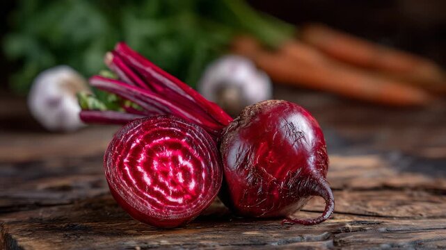 Close-up of whole and sliced red beets on a natural wooden surface, visible roots curling organically, inner rings vividly detailed, additional vegetables like carrots and garlic c