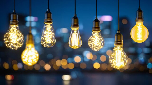 Cluster of retro decorative lightbulbs hanging together, each with uniquely shaped glowing filaments, warm light gradients and overlapping bokeh, cinematic depth and atmospheric mo