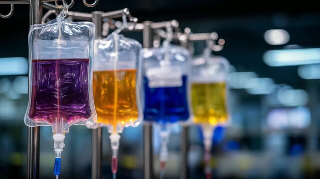 Colorful intravenous bags hanging on metal stands, purple, orange, and blue solutions visible, transparent tubing, clinical lighting highlighting liquid clarity, medical care scene