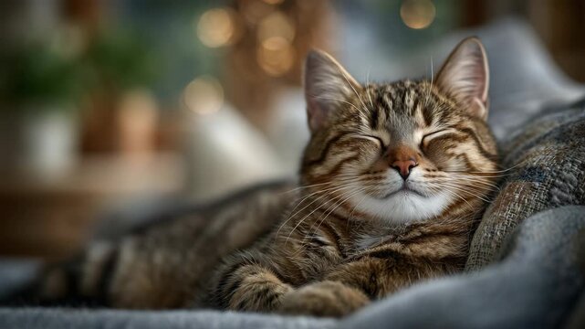 Content tabby cat with closed eyes and relaxed expression, warm indoor lighting casting soft highlights, detailed brown-black striped fur, blurred cozy home background, intimate an