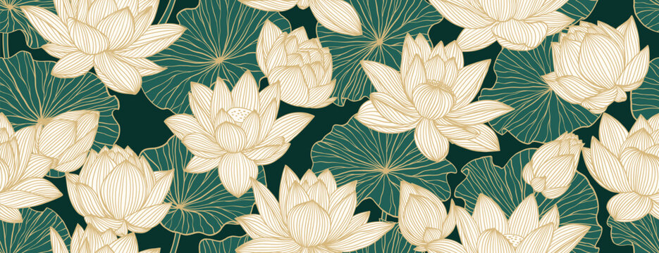 Chinese seamless pattern with lotuses. Gold line drawing of lotus flowers and leaves on a dark green background. Hand drawn botanical elegant golden waterlily flower in line art style