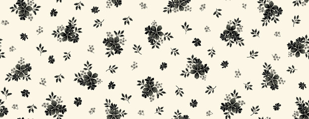 Fototapeta premium Leaves branch and Hand Drawn doodle Scribble floral plants banner. seamless pattern. Creative minimalist Abstract art background. Design wall decoration, postcard, poster or brochure