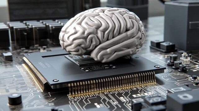 A human brain model sits on a computer chip within a circuit board environment.