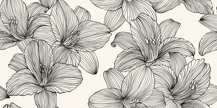 Luxury background with lily flowers seamless pattern. Hand drawn botanical elegant black and white lily flower in line art style. Vector card, wedding invitation, wallpaper, cover