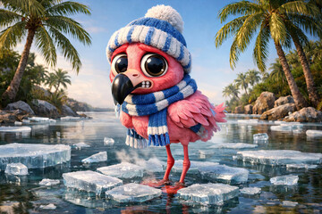 Obraz premium Frozen Winter Tropical Flamingo Character with Big Eyes on a Pond of Ice. Winter in Warm Places Concept