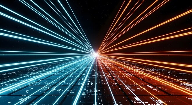 Symmetrical data collision and network synchronization. Fiber optic communication and global connectivity. Blue and orange light rays converging toward a central point on a circuit floor