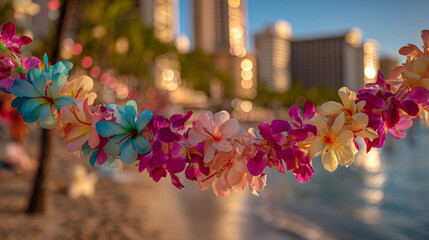 Vibrant floral lei strung across a beach with blurred buildings and ocean in the background at sunset.
