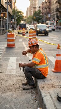 Construction worker resting on curb during workday