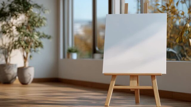 Elegant minimalist office scene featuring an empty easel and blank flip chart, neutral color palette, soft daylight and gentle shadows, symbol of open possibilities, strategy, and
