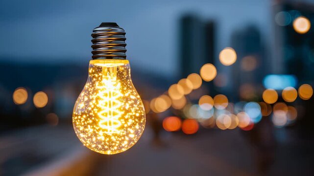 28Extreme close-up of a retro tungsten bulb filament sparkling inside clear textured glass, warm orange glow illuminates micro details, dreamy bokeh lights surround the bulb, shallow