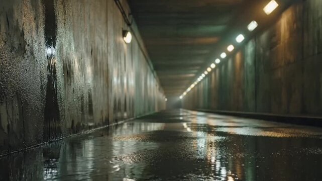 A long, dimly lit tunnel with wet concrete surface and rows of overhead lights stretching into the distance. evoking a sense of mystery and anticipation.