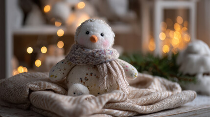 Obraz premium Cute snowman decoration winter plush toy cozy holiday decor soft knitted scarf warm bokeh light festive home interior Christmas ornament figure