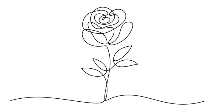 A simple continuous line art drawing of a single rose flower with stem and leaves Vector, illustration