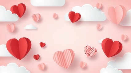 Paper cut hearts and clouds floating on pink background, abstract romantic design