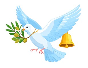 Obraz premium A white dove in flight, holding an olive branch and a golden bell