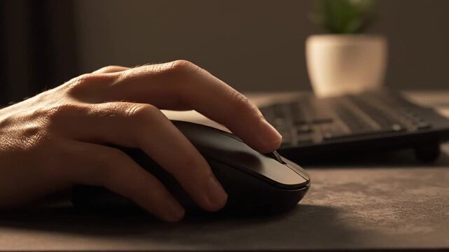 Close-up of a hand clicking and scrolling with a black wireless mouse on a desk with a keyboard and plant in a warm, dimly lit office setting.