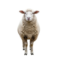 Fototapeta premium A sheep standing alone on a black background looking directly at the camera
