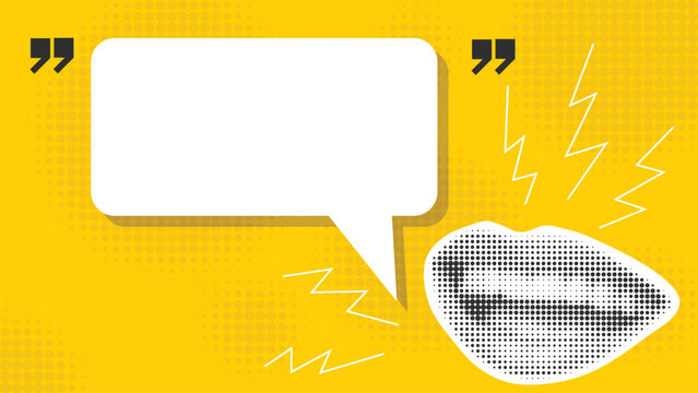 Bright yellow banner in collage style. Feedback. Female lips with halftone effect and dialog box for text. Expressing an opinion concept, vector graphic