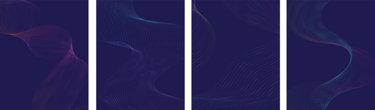 Abstract digital waveform pattern collection on dark blue background, futuristic sound wave visualization