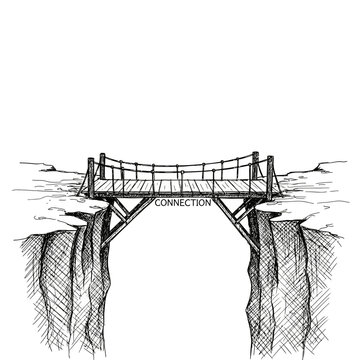 Suspension Bridge Connecting Cliffs with Connection Sign, Black and White Sketch vector icon