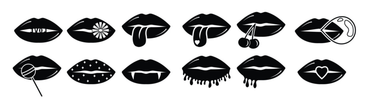 collection of women s lips black contour doodle vector