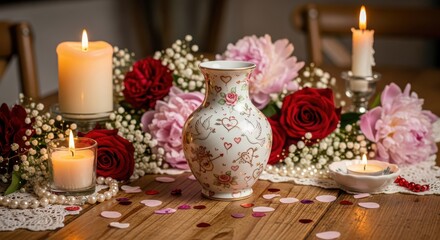 Fototapeta premium Romantic table setting features lit candles surrounding a decorative floral vase with scattered accents.
