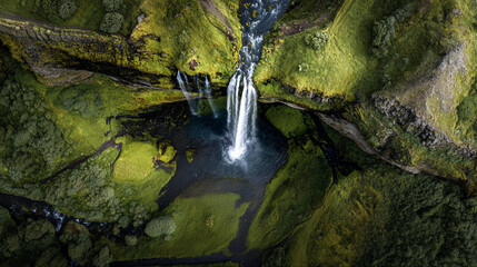 Top-down aerial view of a waterfall flowing into a dark pool surrounded by lush green landscape