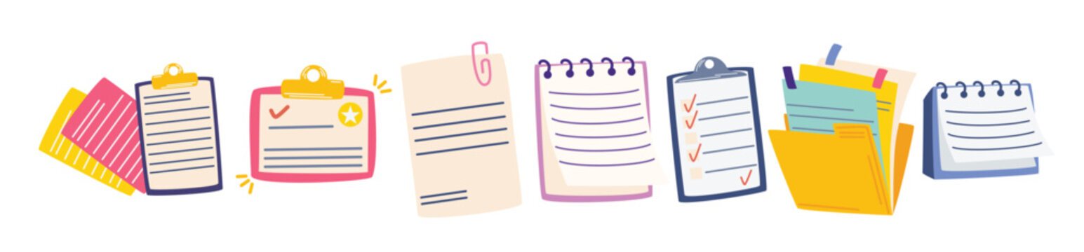 Contract documents and folders set. Documents with paper sheets, signatures and sticky notes. Employment business and finance. Hiring. Vector cartoon illustration isolated on a white background.